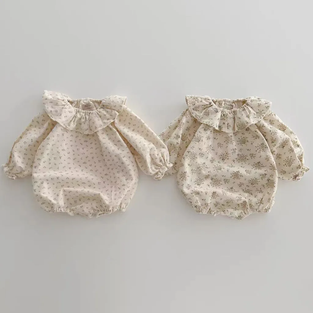 Korean The New Baby Girl Floral Lotus Leaf Collar Cotton One-piece Triangular Romper Bag Fart Spring Autumn 100 Days Full Moon