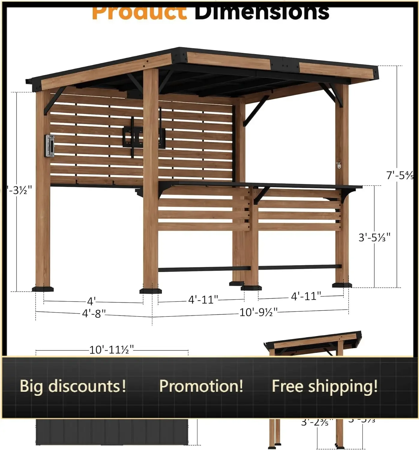 Modern Shade Woodberry Outdoor Bar 6' X 12' with TV Mount, Cedar Wood Gazebo with Dual bar Tops & Shelves, Grill Gazebo with USB