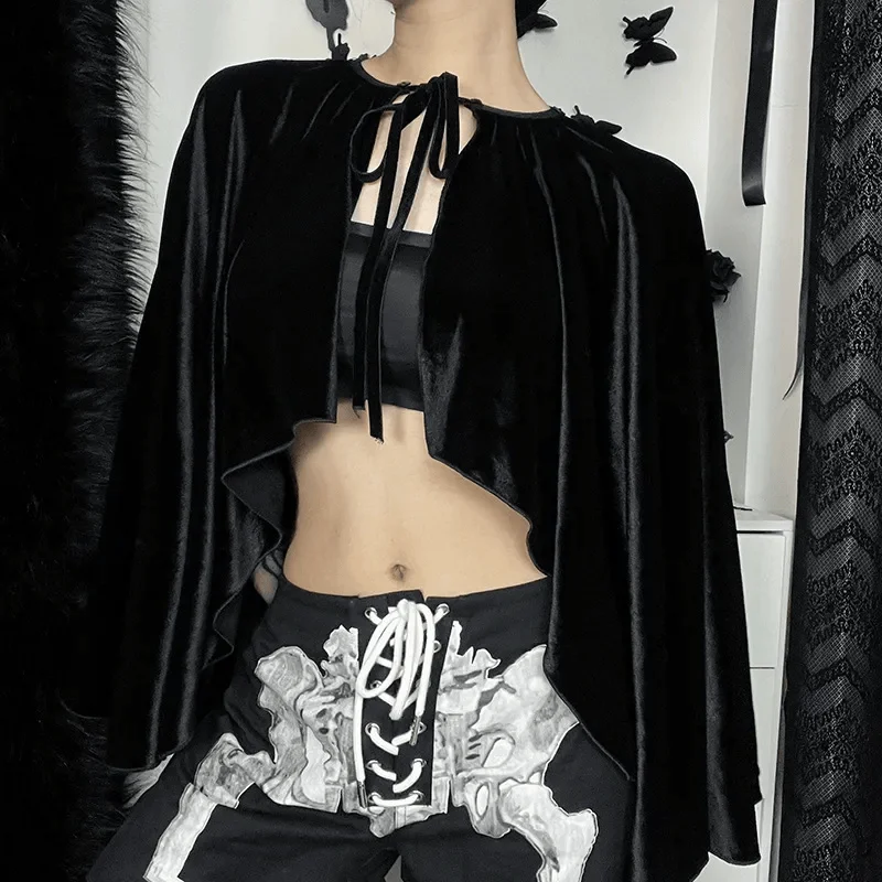 شال قصير من المخمل للنساء، زي للحفلات التنكرية، عباءة بدون أكمام بحواف متموجة، زي للهالوين والحفلات التنكرية، ملابس مسرحية أنيقة #2