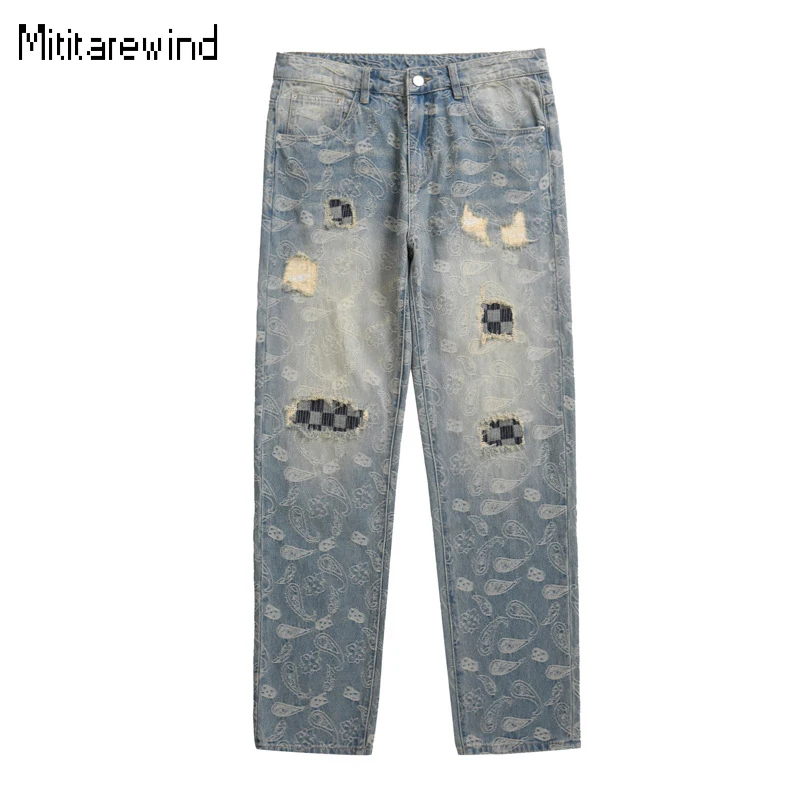 

Hip Hop Streetwear New Men Jeans Print Ripped Jeans Cotton Wash Distressed Straight Baggy Denim Pants Causal Youth Men Trousers