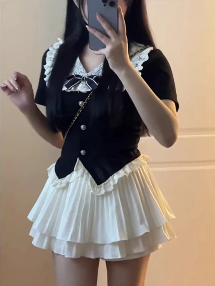 Conjunto de duas peças estilo universitário japonês, gola de boneca, meia saia, moda verão fena, manga curta, botão