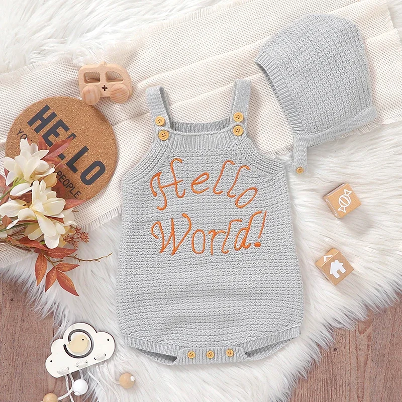 

Newborn Baby Bodysuit Knit Infant Girl Boy Jumpsuit Sleeveless Summer Kid Clothes Hat 0-18M 2PC Romper Fashion Embroidery Letter