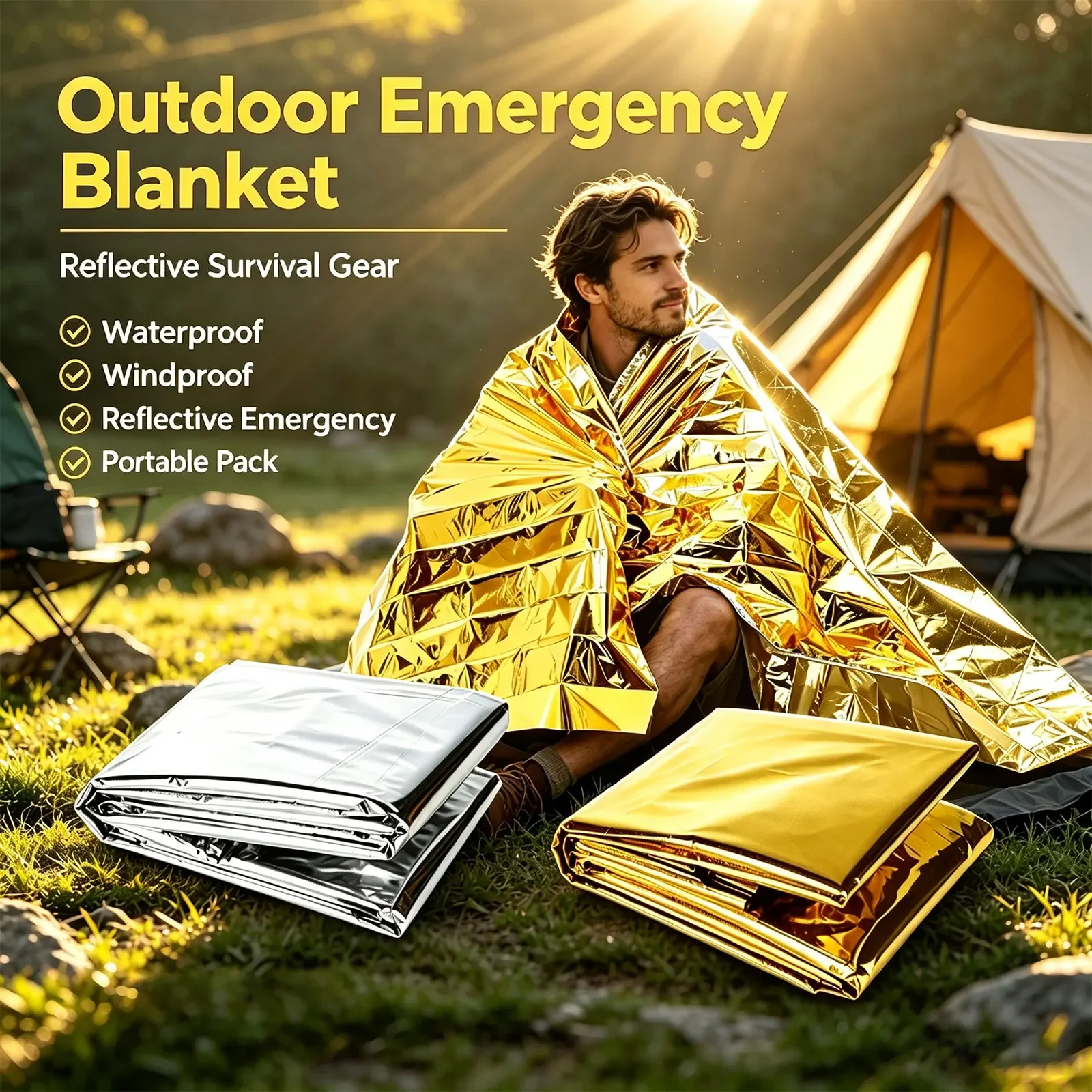 Emergency Thermal Poncho Blanket Lightweight Folding Water Resistant Windproof Sunshade Reusable First Aid Camping Mat Pad Cover