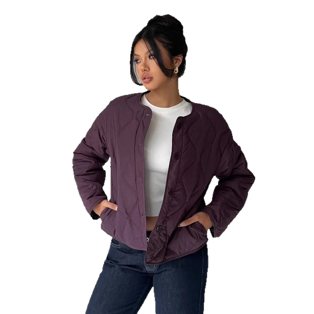 เสื้อแจ็คเก็ตผ้าฝ้ายทรงหลวมสไตล์ลำลองสำหรับผู้หญิง คอลเลคชั่นฤดูหนาว ปี 2025 คอทรงกลม แขนยาว