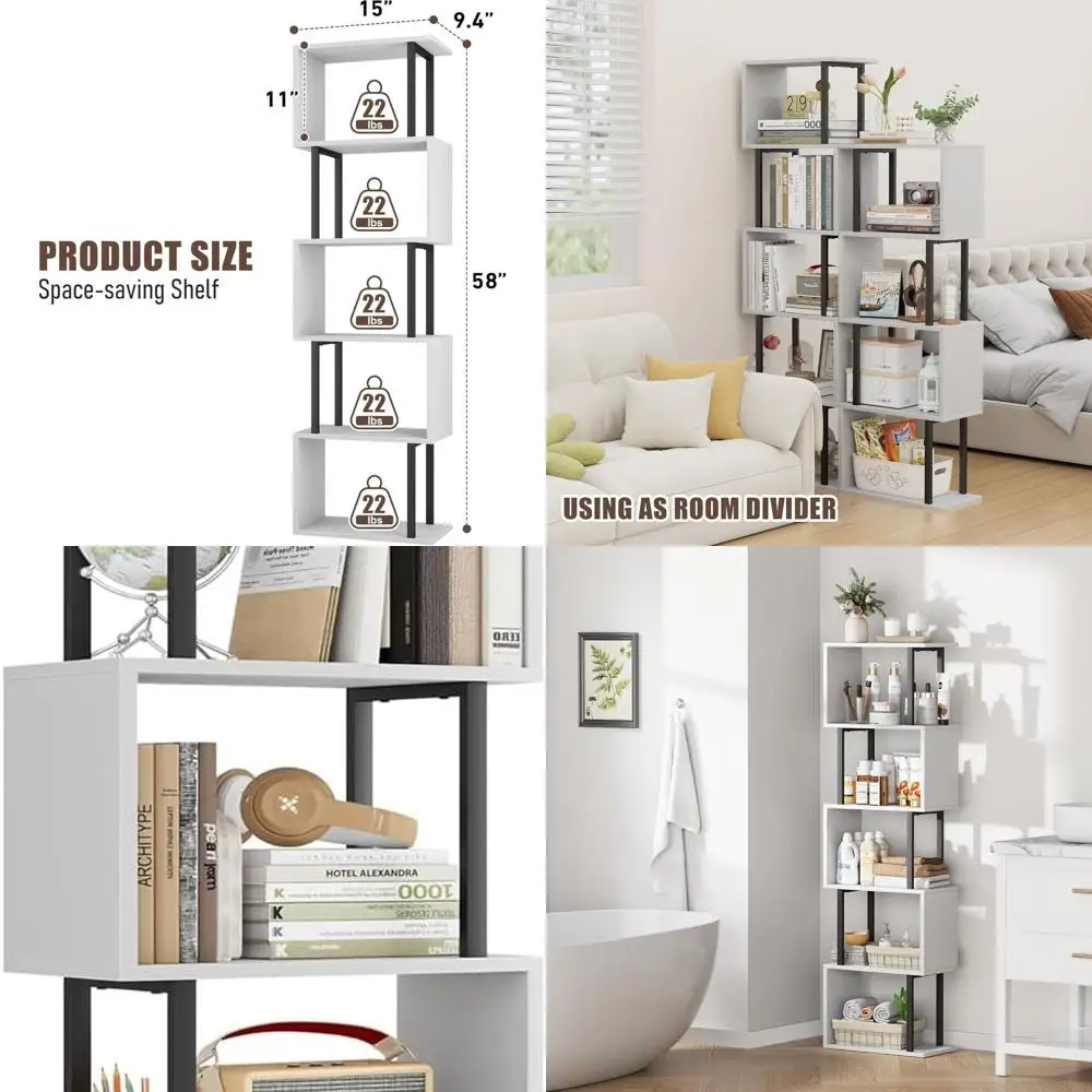 

Modern White 5-Tier S-Curved Bookcase, Wooden Storage Shelves for Home Office, Living Room, and Bedroom