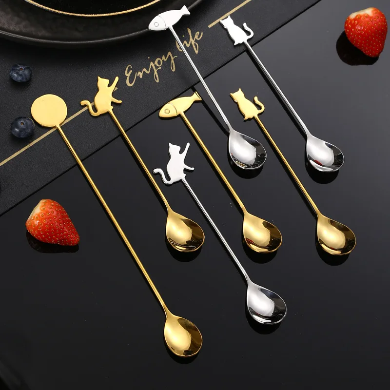 Creative Cat Fish Shape Tea Coffee Ice Cream Spoon Mixing Spoon Funny Design 304 Stainless Steel Spoons and Forks for Dessert