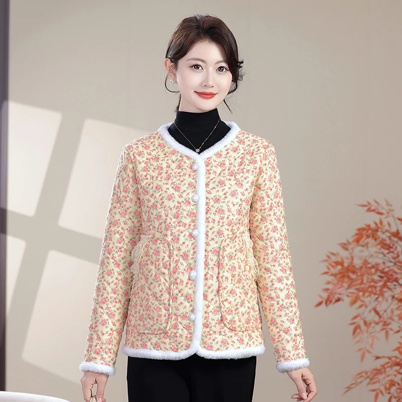 

Утепленная зимняя куртка из хлопка с цветочным принтом, теплая, для женщин среднего и старшего возраста, повседневная, из полиэфирного волокна