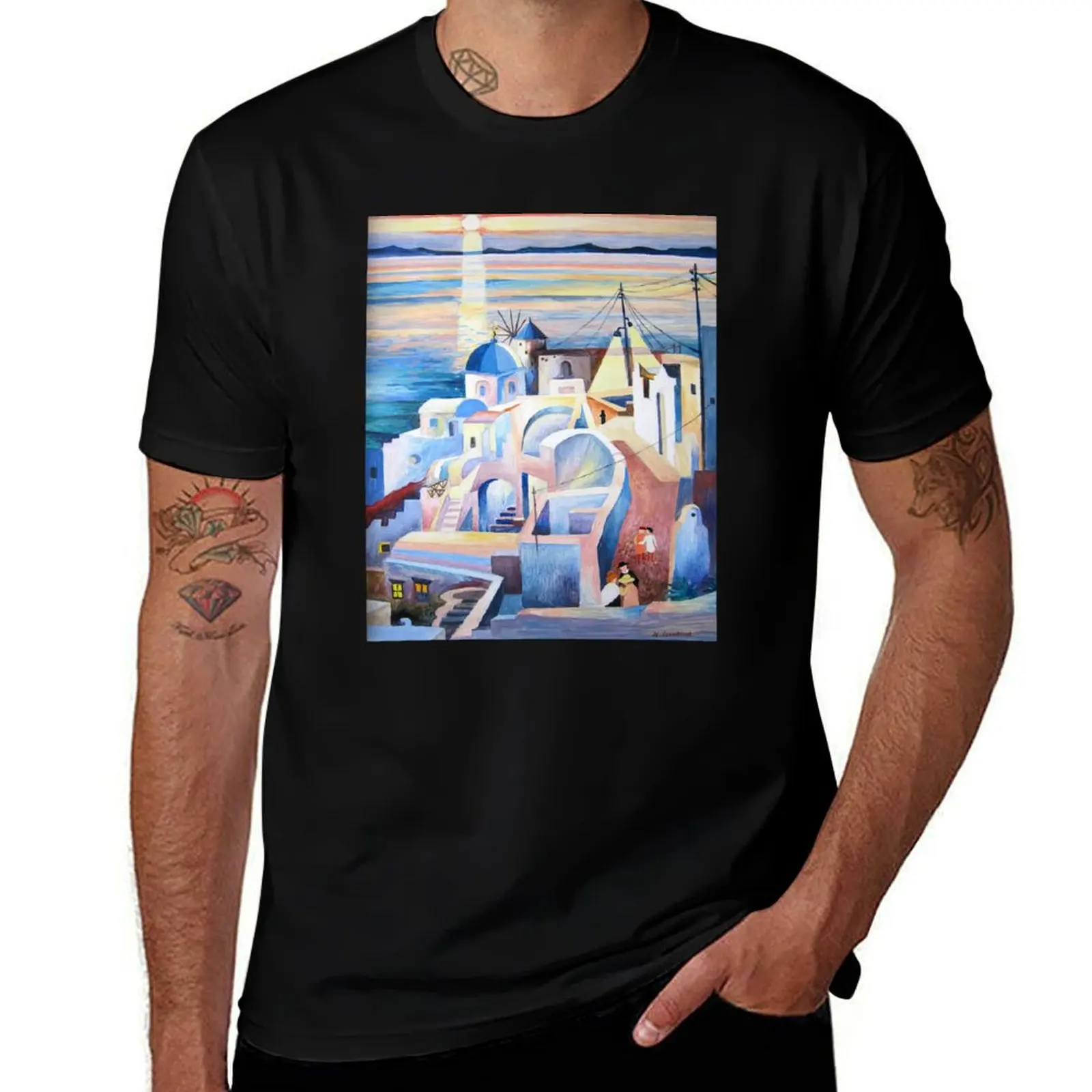 

Santorini Greece Acrylic Painting T-Shirt t shirts for man cotton cotton t shirts man 100% man t shirts for men casual T-shirt