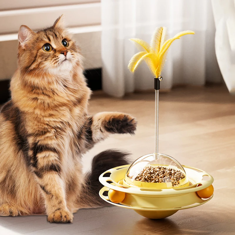 

Turntable Leaking Food Cat Toy with Feather Teaser Wand Durable Boredom Relief Teasing Interactive Toy for Kitten Stuff for Cats