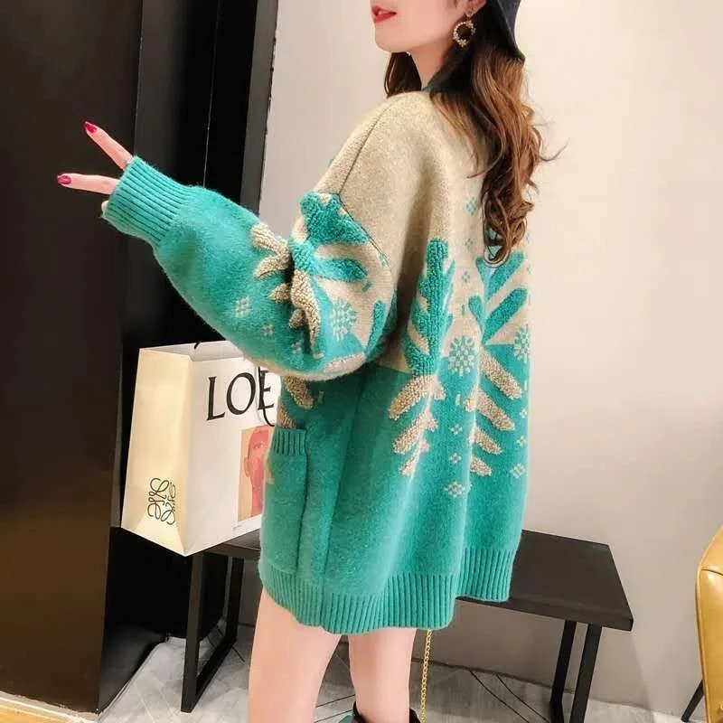 2024 Female Fashion Cardigan Women Thickened Korean Style Lazy Style Autumn And Winter Sweater Jacket Christmas Sweater Knit To