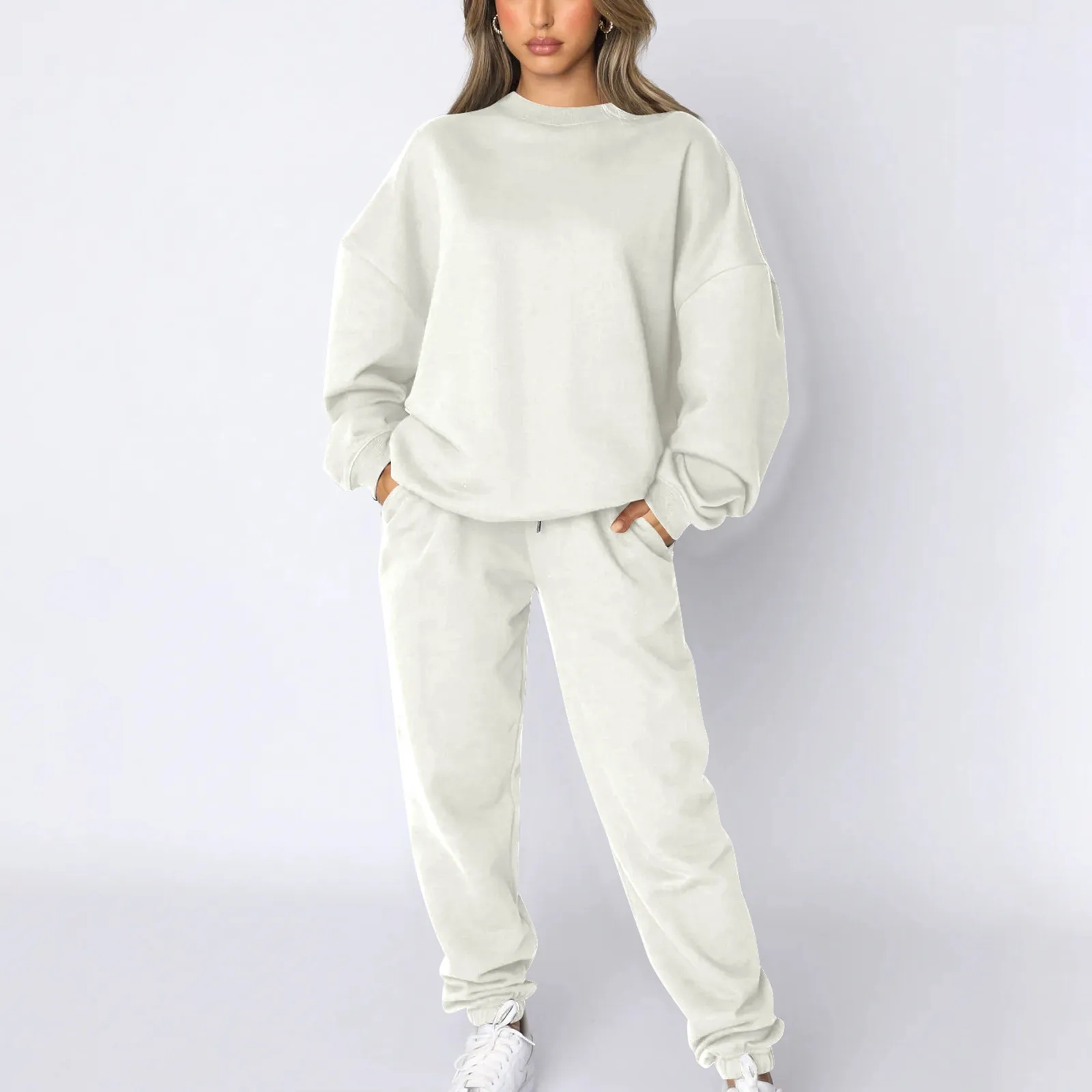 Loose Casual Spring And Fall Wear Women's Solid Color Round Neck Long Sleeve Pullover Sweatshirt And Pants Two Pieces Sets