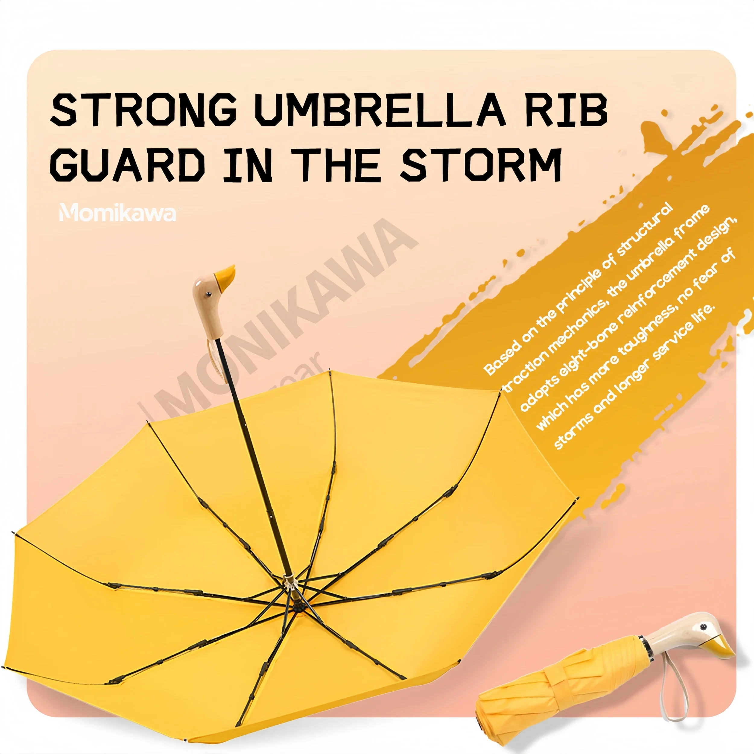 Large Duck-Shaped Yellow Umbrella, 8-rib wooden handle, parent-child, holiday & birthday gift.