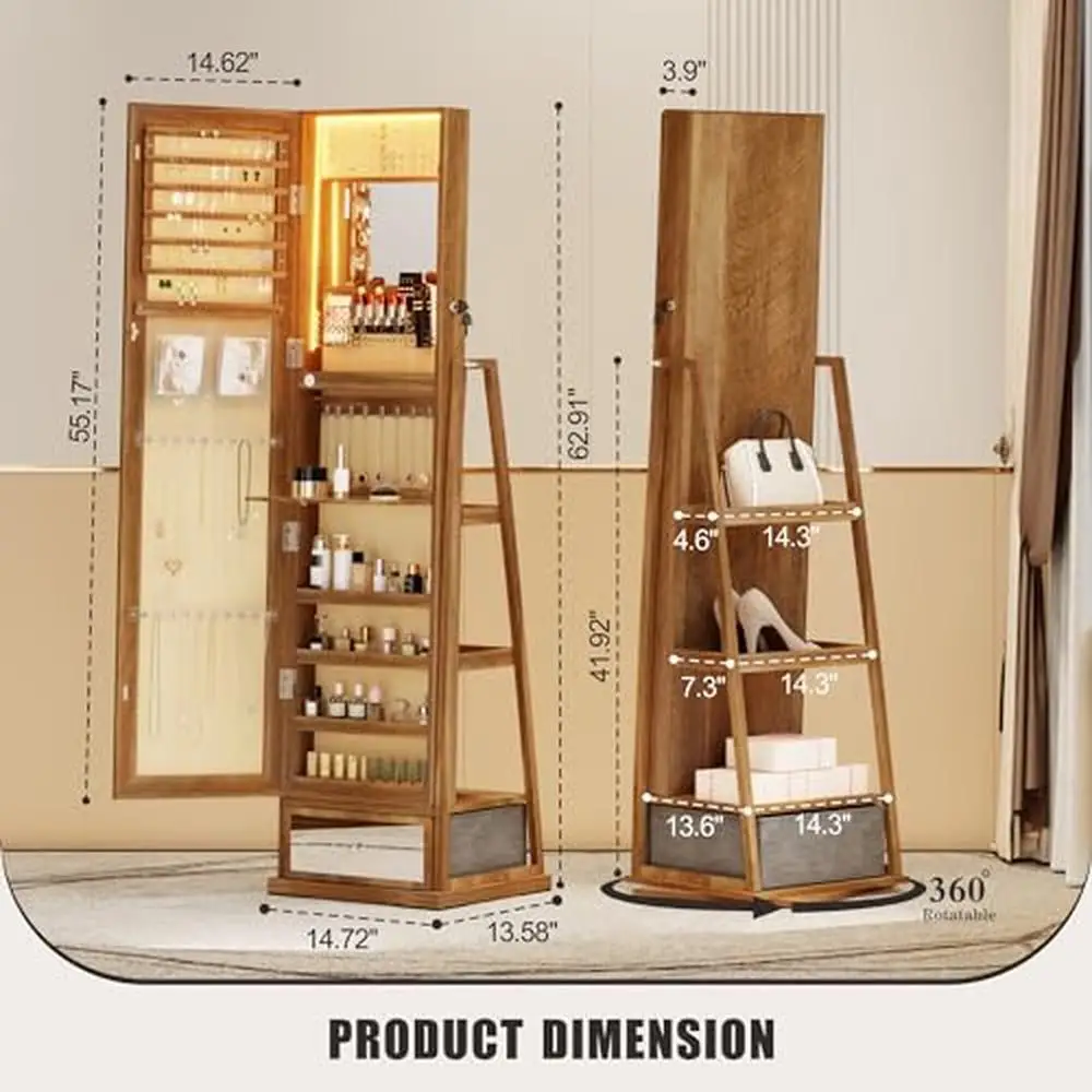 Estando Cabinet Jóias com Espelho de Corpo Inteiro, 360 ° Swivel, LED Light Storage, Armário Bloqueável Organizador, Gavetas, Colar