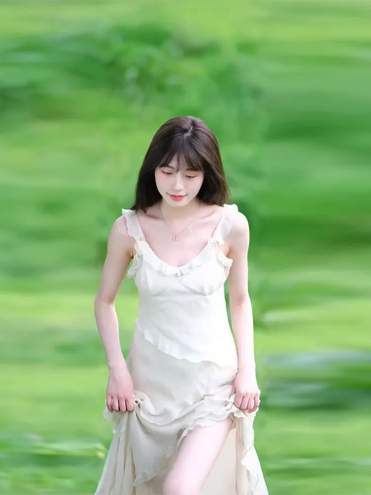 

Gentle Lace Trim Halter Dress Women Summer 2026 New Beautiful Fairy Tale Beach Vacation Split Long Skirt Korean Style High Wa...