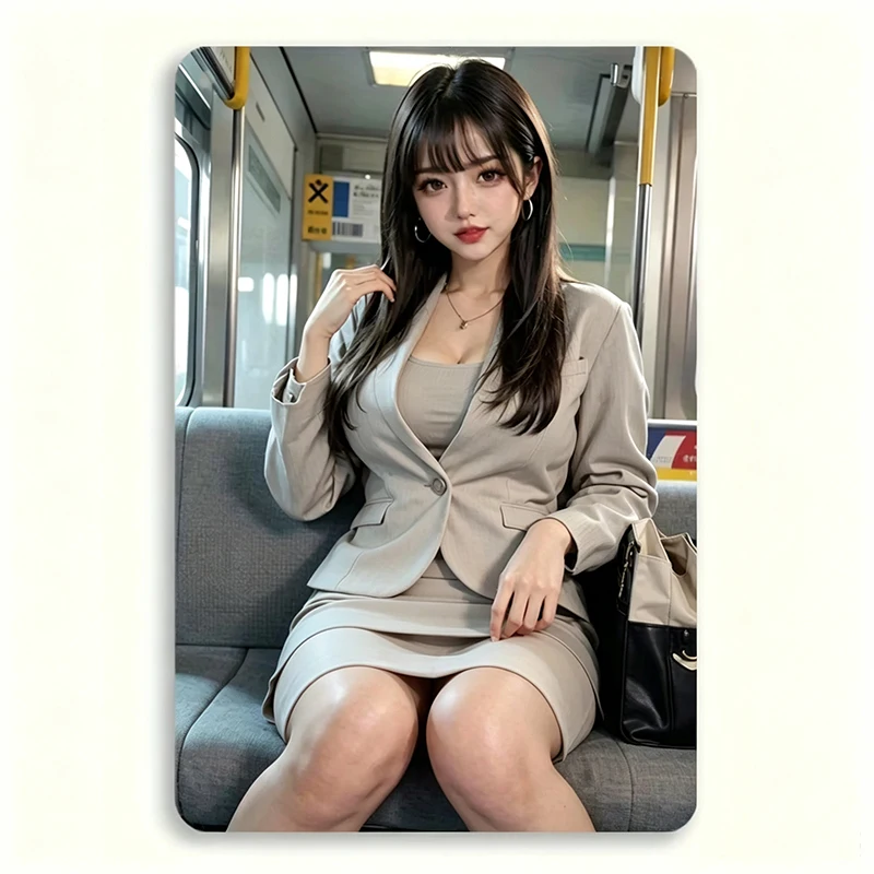 1Pc Vintage 2D Flat Style Business Woman Metal Sign Beautiful Office Lady Sitting On Train Tin Wall Art Plaque Decor For