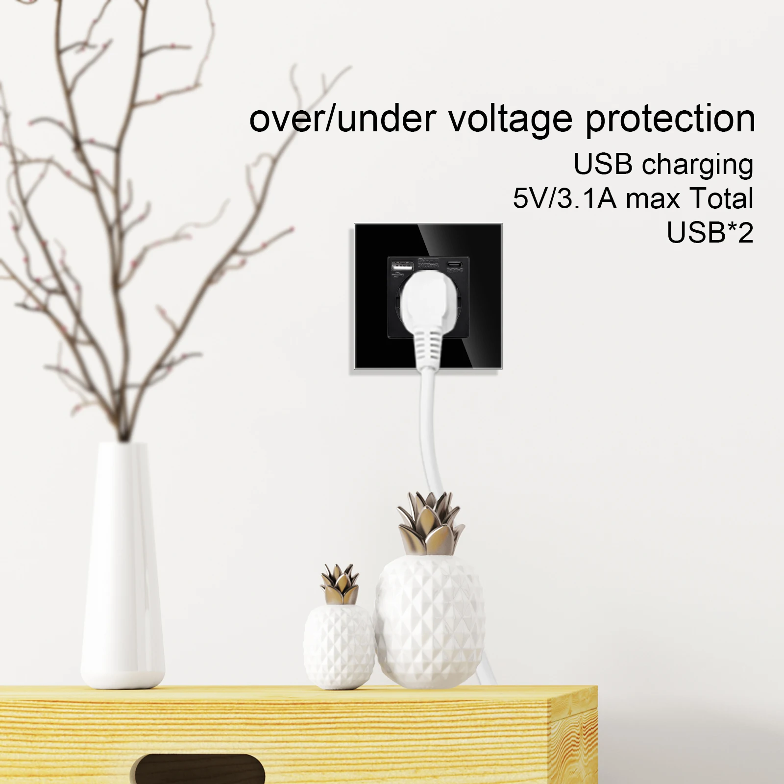 Touchmi EU Standard Wall Socket with USB Type-c TV Network CAT6 Interfaces Glass Light Switch USB Sockets Electric Outlets 16A