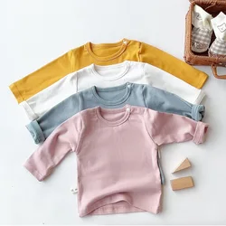 Camisetas de algodón de manga larga para bebé, camisa de fondo informal sólida para niño y niña recién nacido, jersey con letras para niño pequeño de 0 a 24 meses, Otoño, nuevo