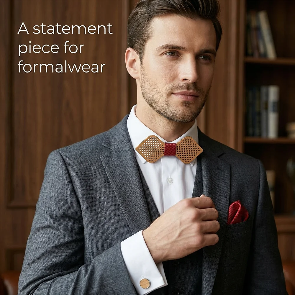 handcrafted-wood-bow-tie-pocket-square-cufflinks-brooch-set-best-man-proposal-anniversary-husband-eco-friendly-vintage-prom