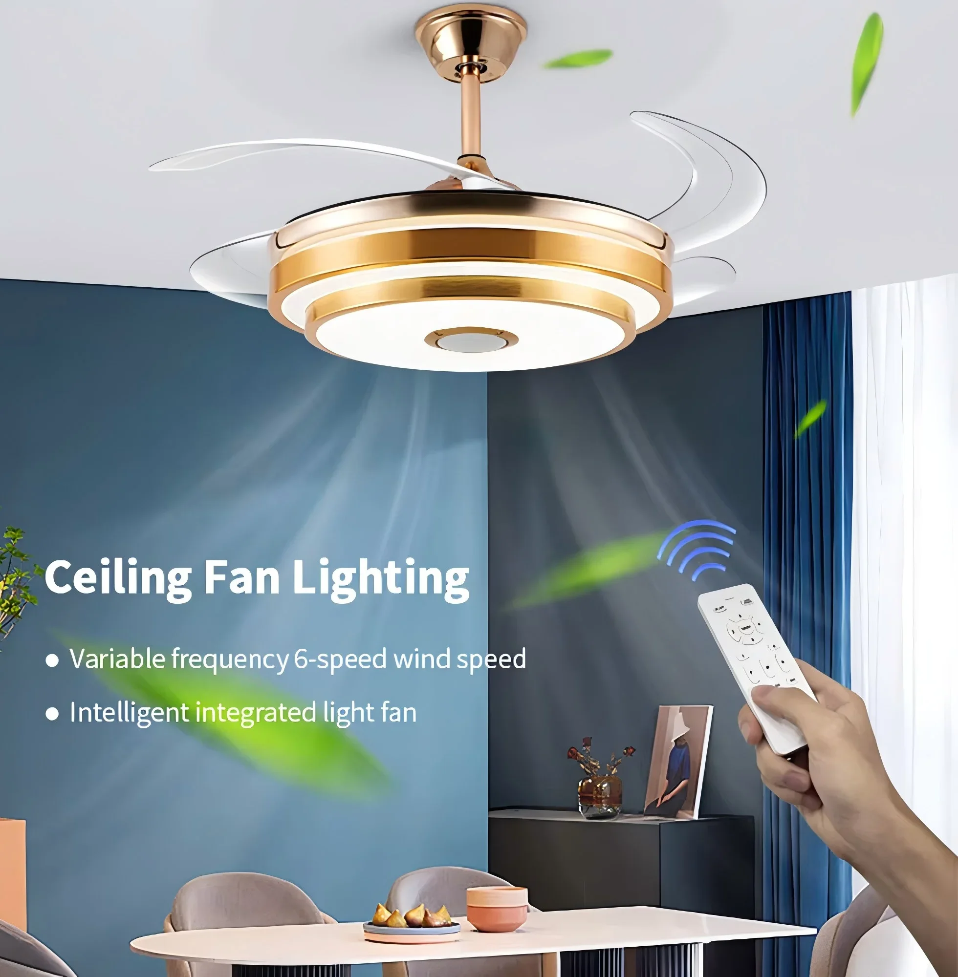 #￥forLed Indoor Chandelier Gold Invisible Retractable Bluetooth Music Ceiling Fan With Light Modern Ceiling Fan Lamp