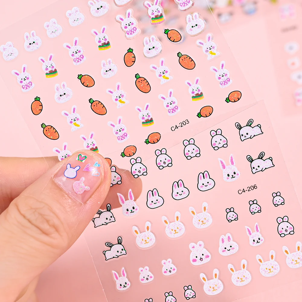 30Pcs Kawaii 3D Glitter Nail Stickers Rainbow Rabbit Cartoon Design For Nail Decals Supplies Lovely NAIL Stickers Press on Nails