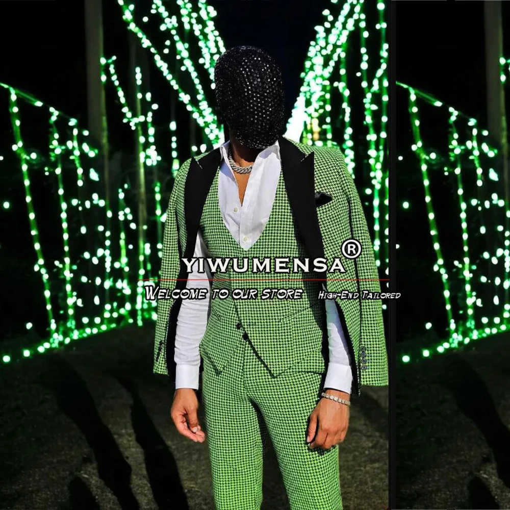 

Tailor-Made Suits Men Green Plaid Check Blazer Vest Pants 3 Pieces Business Office Clothes Groom Wear Wedding Tuxedo Party Dress