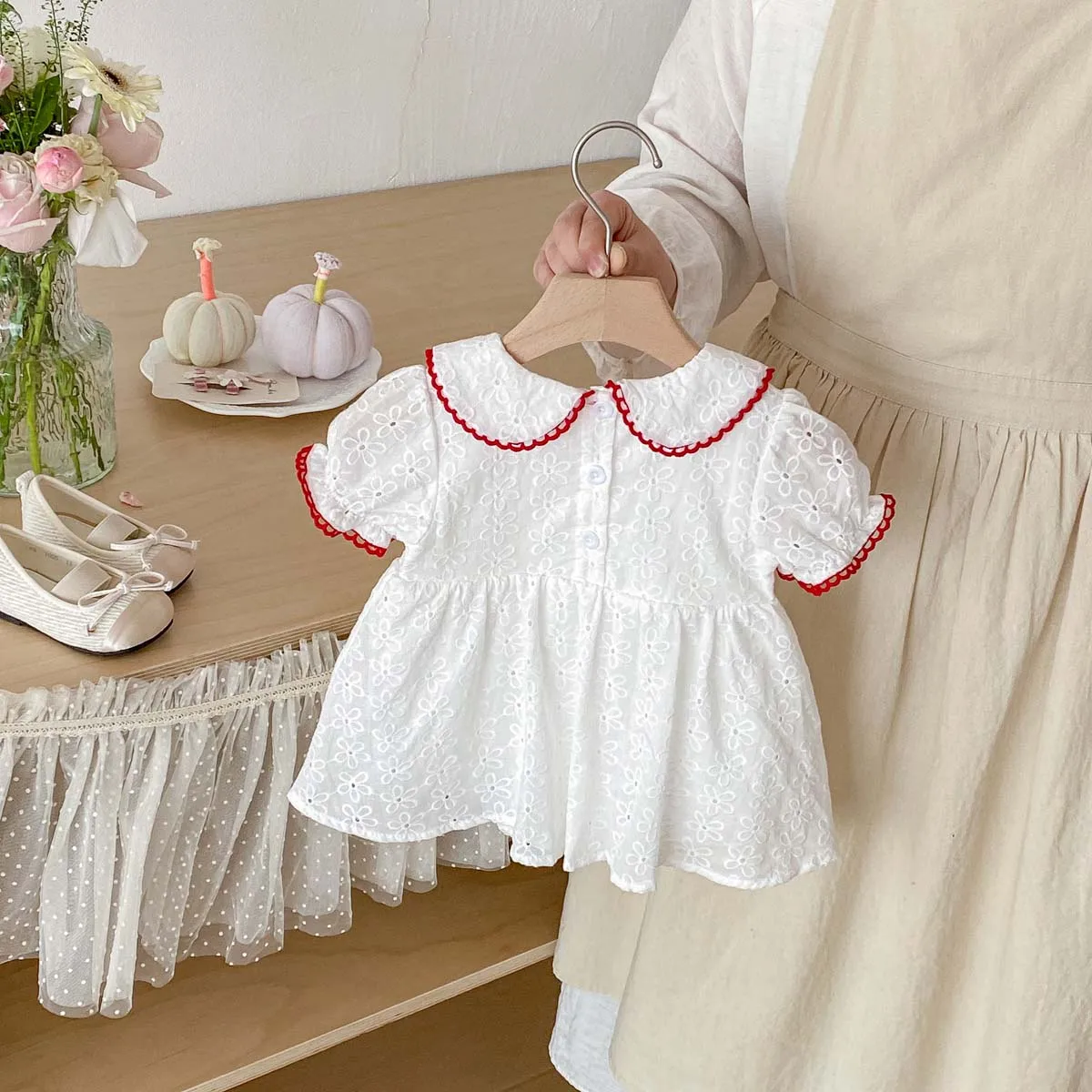 Baby Girl Summer Floral Embroidery Peter Pan Collar Short Sleeve Princess Party Dress