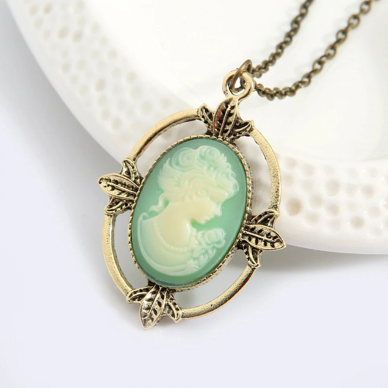 New Vintage Style Bronze Light Blue Cameo Necklace The Vampire Diaries Katherine Beauty Head Pendant Necklace For Women