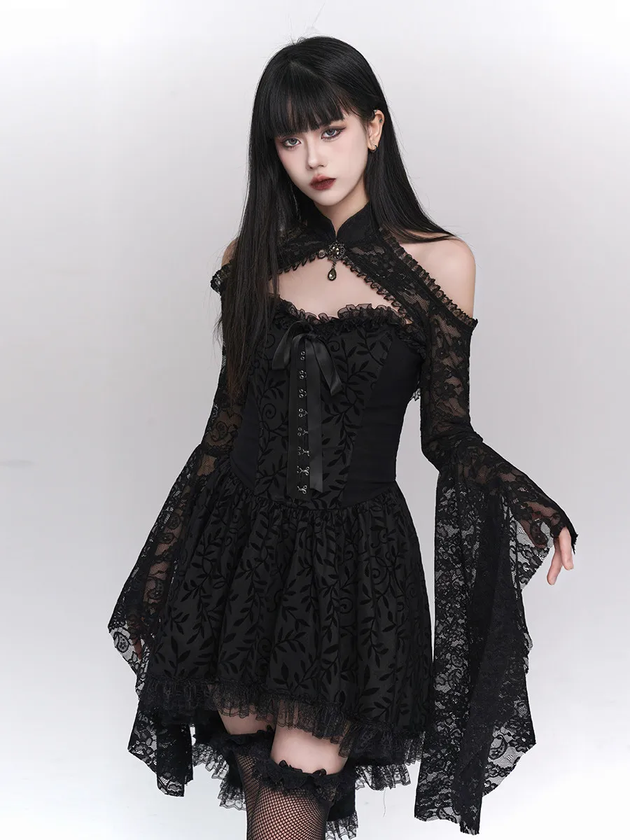 

Coalfell Gothic Retro Slim Tube Top Short Dress Black Lace Strapless Long Sleeve Waistcoat