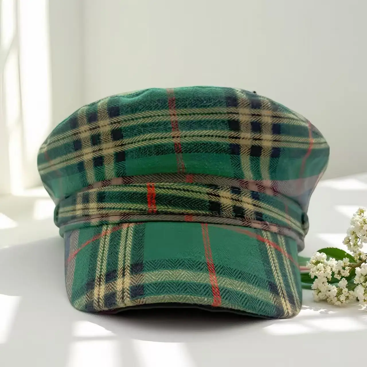 Boina com padrão xadrez doce HongLuan e boné jornaleiro feminino, acessórios femininos cosplay