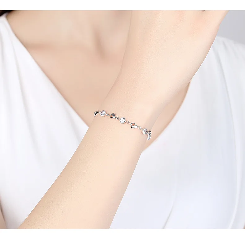 925 Sterling Silver Zircon Lovers Heart Shaped Bracelets Crystals For Women Valentines Gift Wedding Party Noble Jewelry