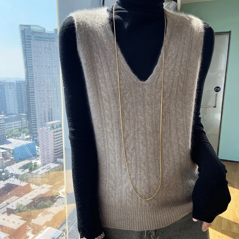 

Women's winter sweater vest 100% Merino wool sweater thickened V-neck pullover solid color cashmere sweater sleeveless vest top