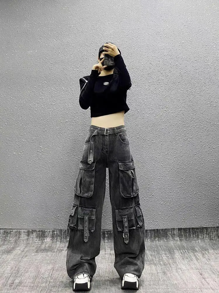 

Y2k Streetwear Vintage Black Cargo Jeans women American Retro Gyaru 2000s 90s High Street Denim Pants Aesthetic Grunge Trousers