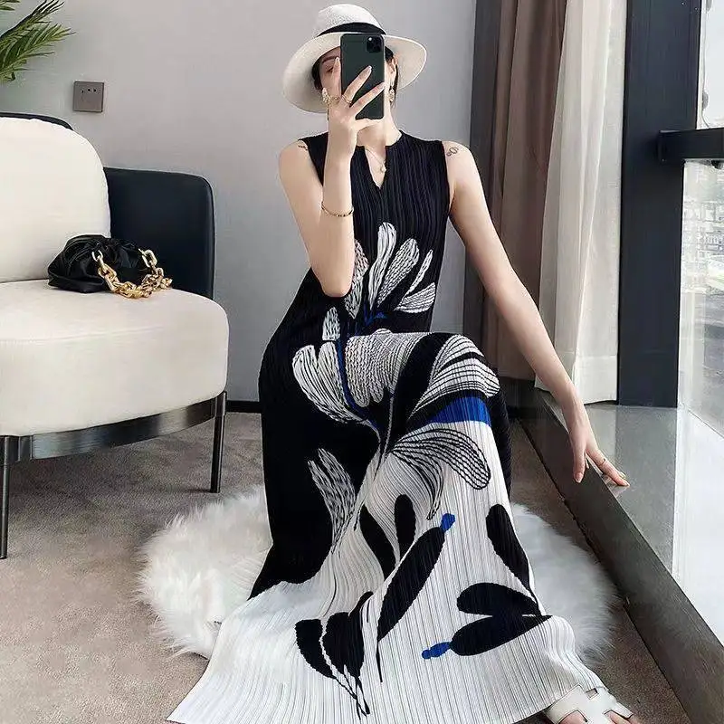 

Miyake Pleated Dress for Women 2022 Summer New Ink Painting Printed Elegant Temperament Youthful-Looking Vest Dress Dresses