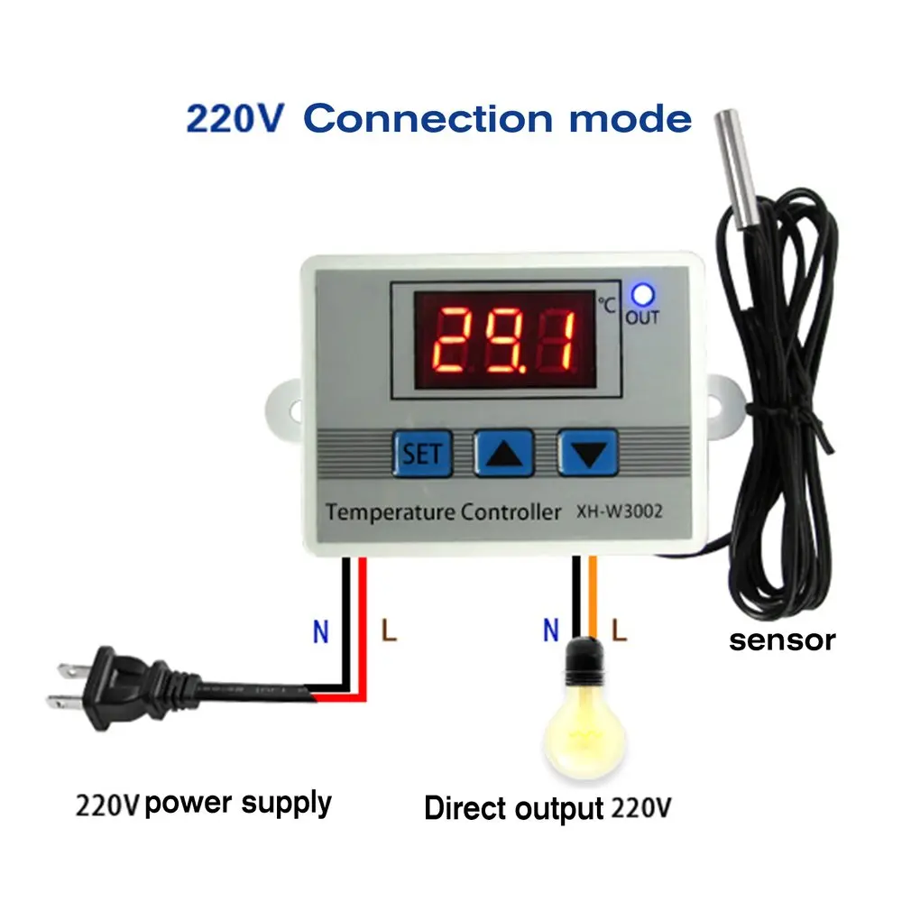 W3002 110V 220V Tela de exibição LED Controlador de temperatura digital Regulador de temperatura Sensor Termostato Controlador digital