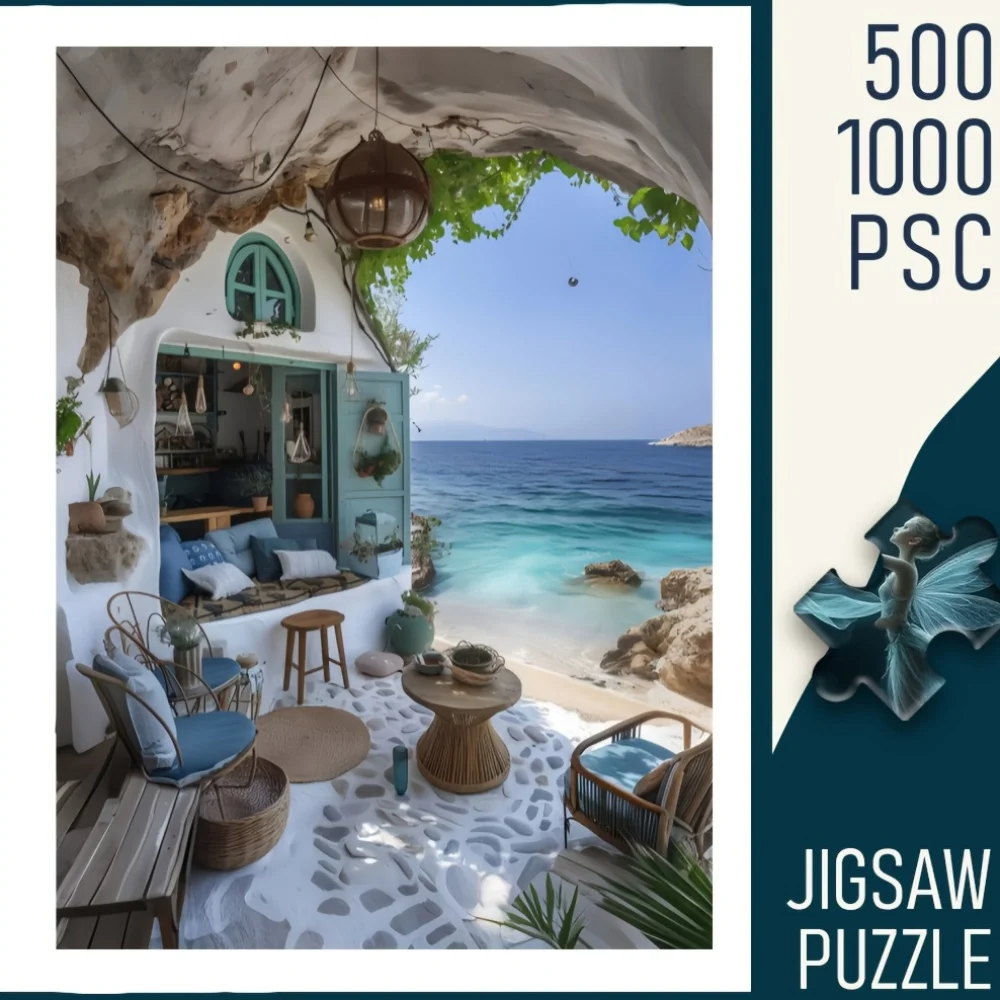500pcs or 1000pcs Seaside Leisure Nook Jigsaw Puzzle - Mediterranean Beach House with White & Blue Coastal Scene, Challenging