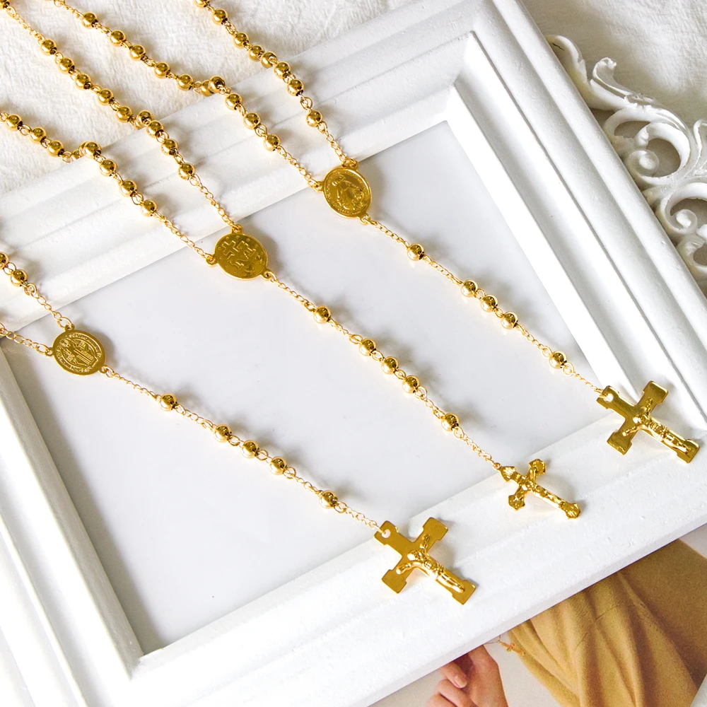 LUXUKISSKIDS-rosario catolicos acero inoxidable,Rosario de cuentas de acero para mujer y hombre, collares de Jesús, cadenas largas, colgantes de
