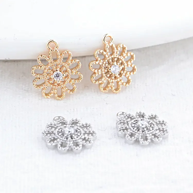 6PCS 9x11MM 14K Real Gold Plated and Zircon Flowers Charms Pendants Jewelry Making Supplies Diy Accessories