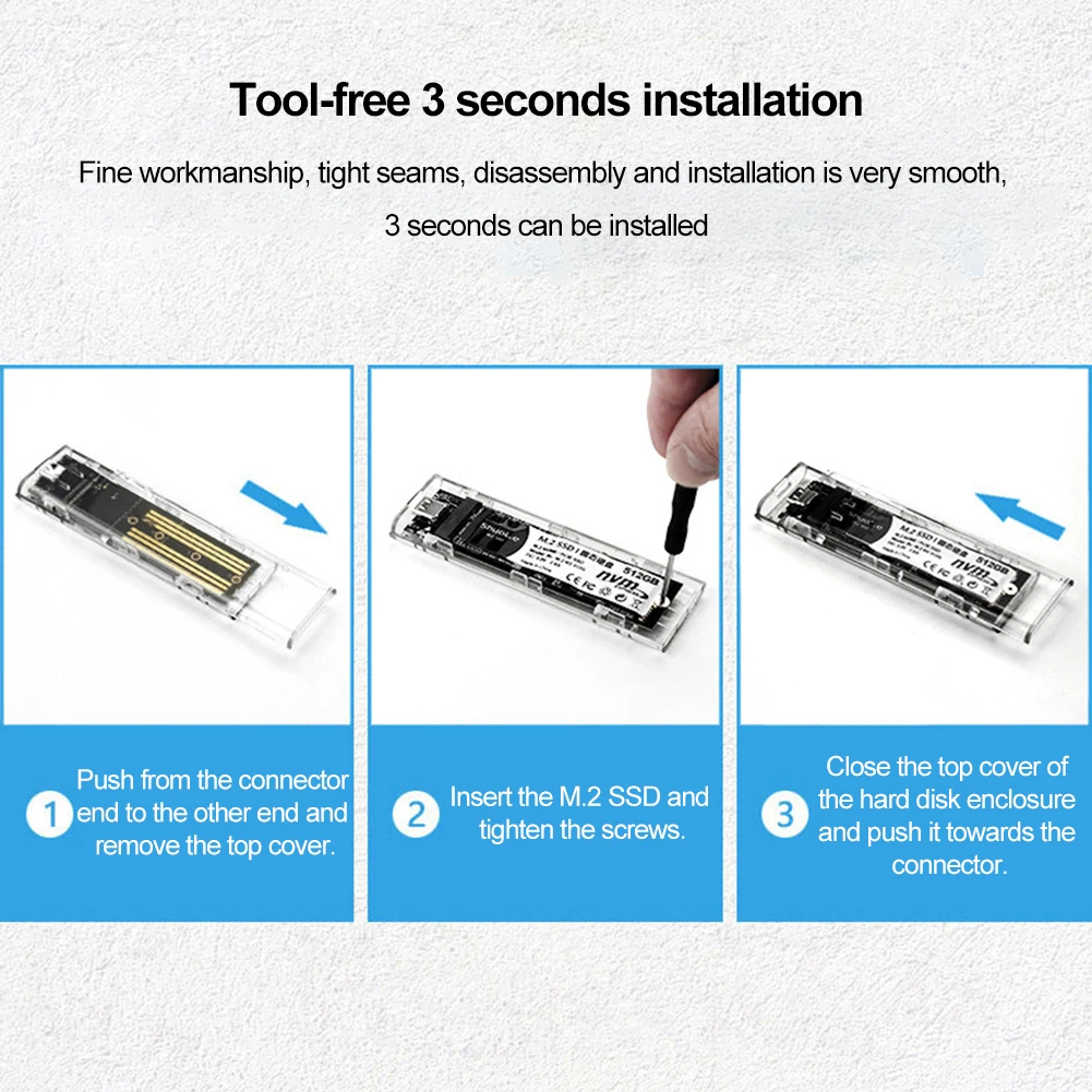 M.2 NVME PCIe NGFF SATA حافظة SSD مزدوجة البروتوكول واضح USB نوع C 10Gbps PCI-E M2 SSD صندوق قرص صلب خارجي شفاف