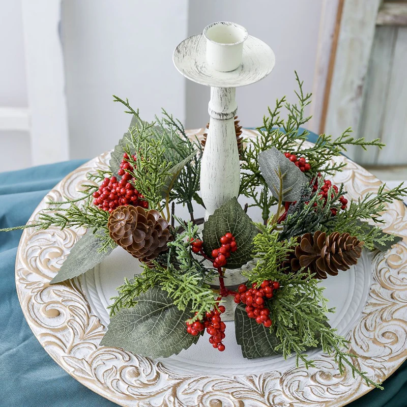 Christmas Candlestick Wreath Artificial Berry Pinecone Garland Candle Ring Green Leaves Wreath Xmas Party Home Table Decorations