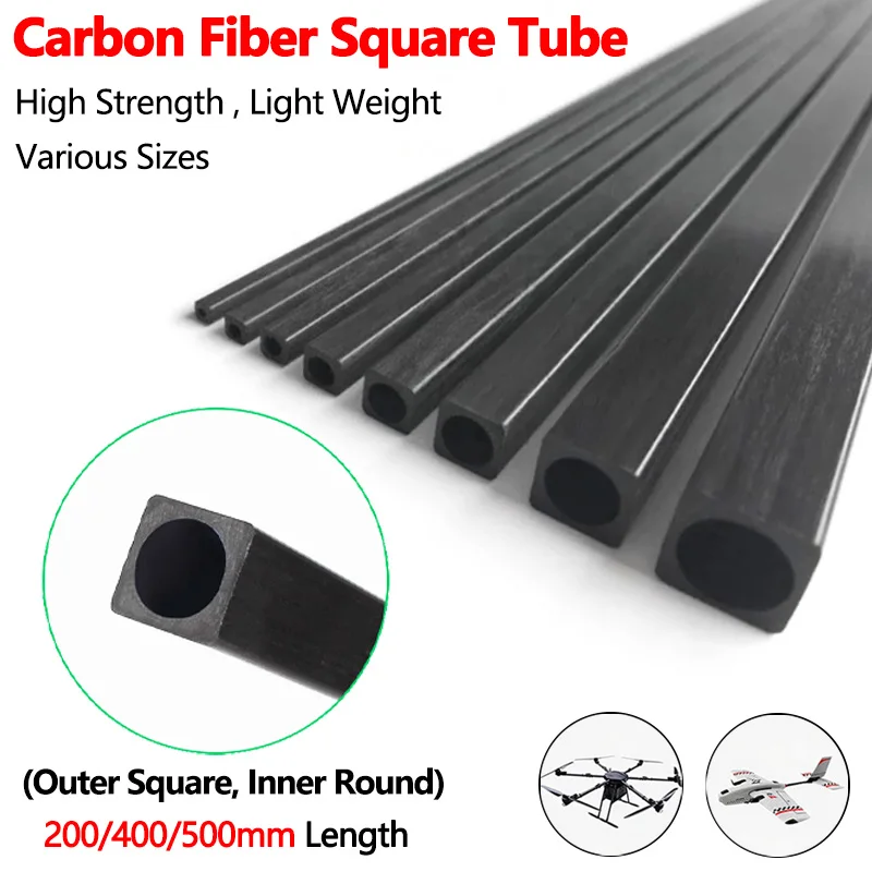 Carbon Fiber Tube Outer Square Inner Round Pipe Tubing Pultruded for RC Model Airplane Drone & DIY Crafts 200/400/500mm Length