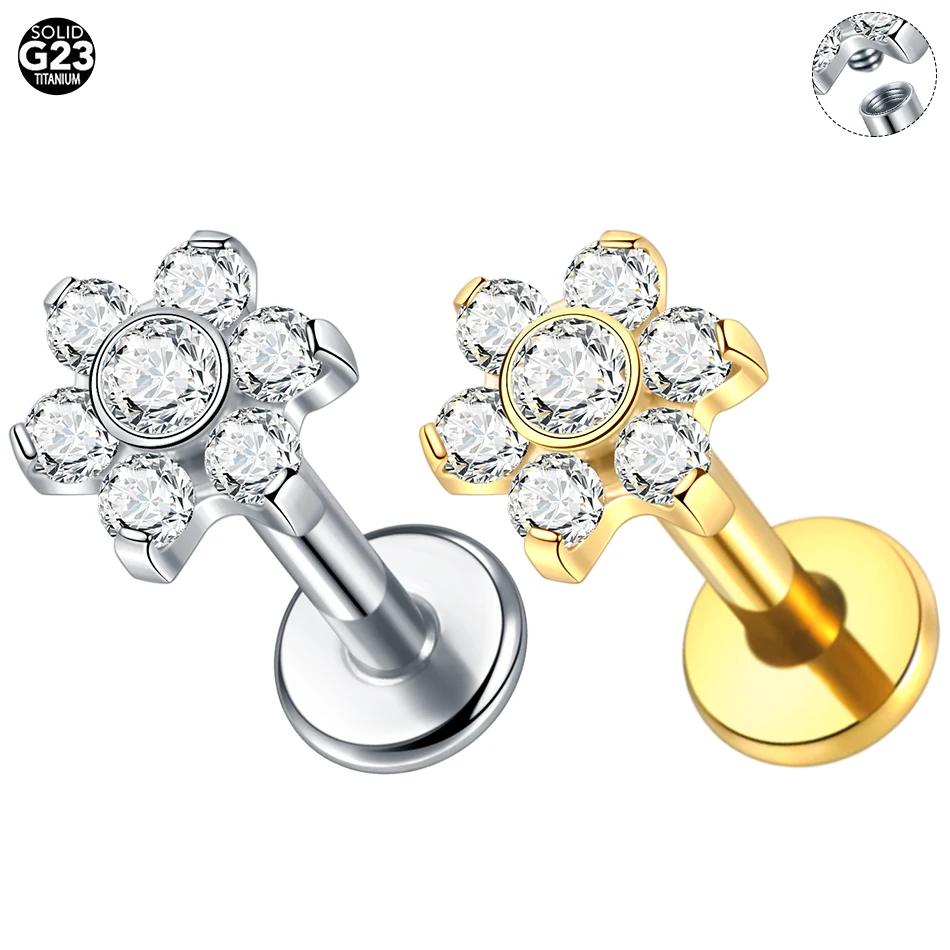 1 stks Titanium Piercing Kruis Bloem Stud Oorbel Intern Schroefdraad Kubieke Zirkoon Tragus Helix Piercing Lichaam Sieraden