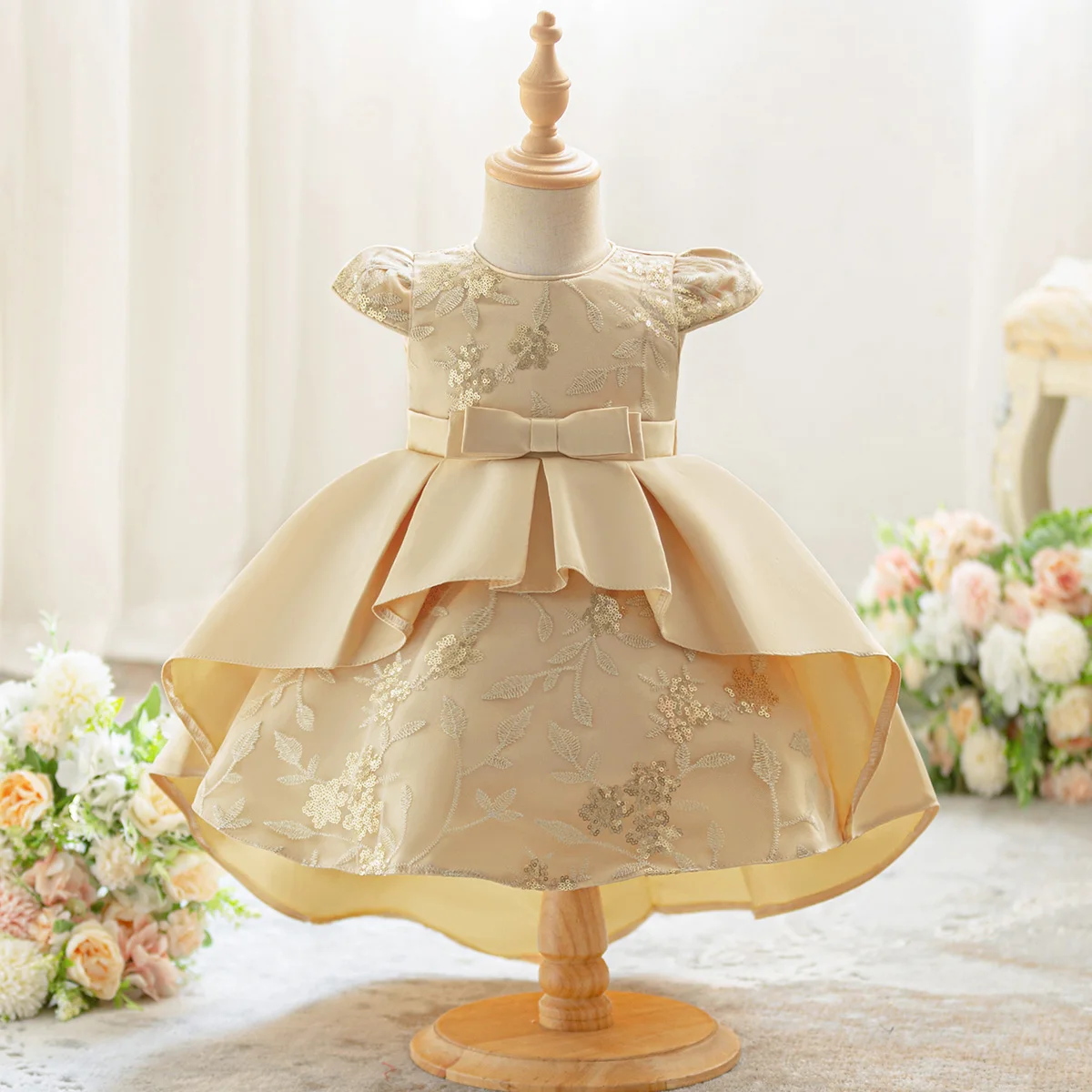 Toddler Bow Baby Girls Party Princess Dress Flower Embroidered Trailing 1st Birthday Wedding Bridesmaid Dress Girl Baptism Gown