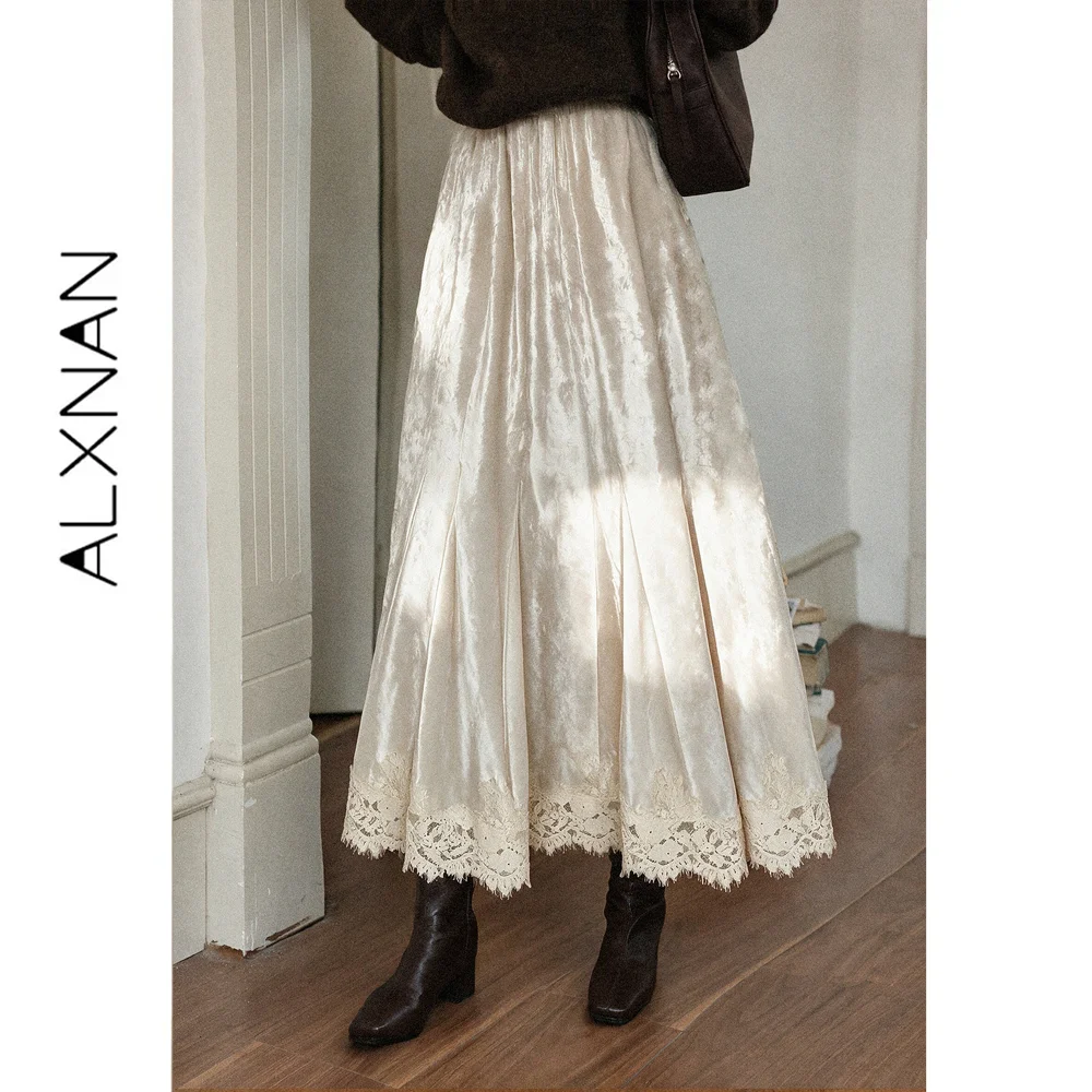ALXNAN Women's Skirt Apricot Velvet Lace Hem High Waist A-line Slimming Female Clothes New Autumn 2026 Bottoms L686173A