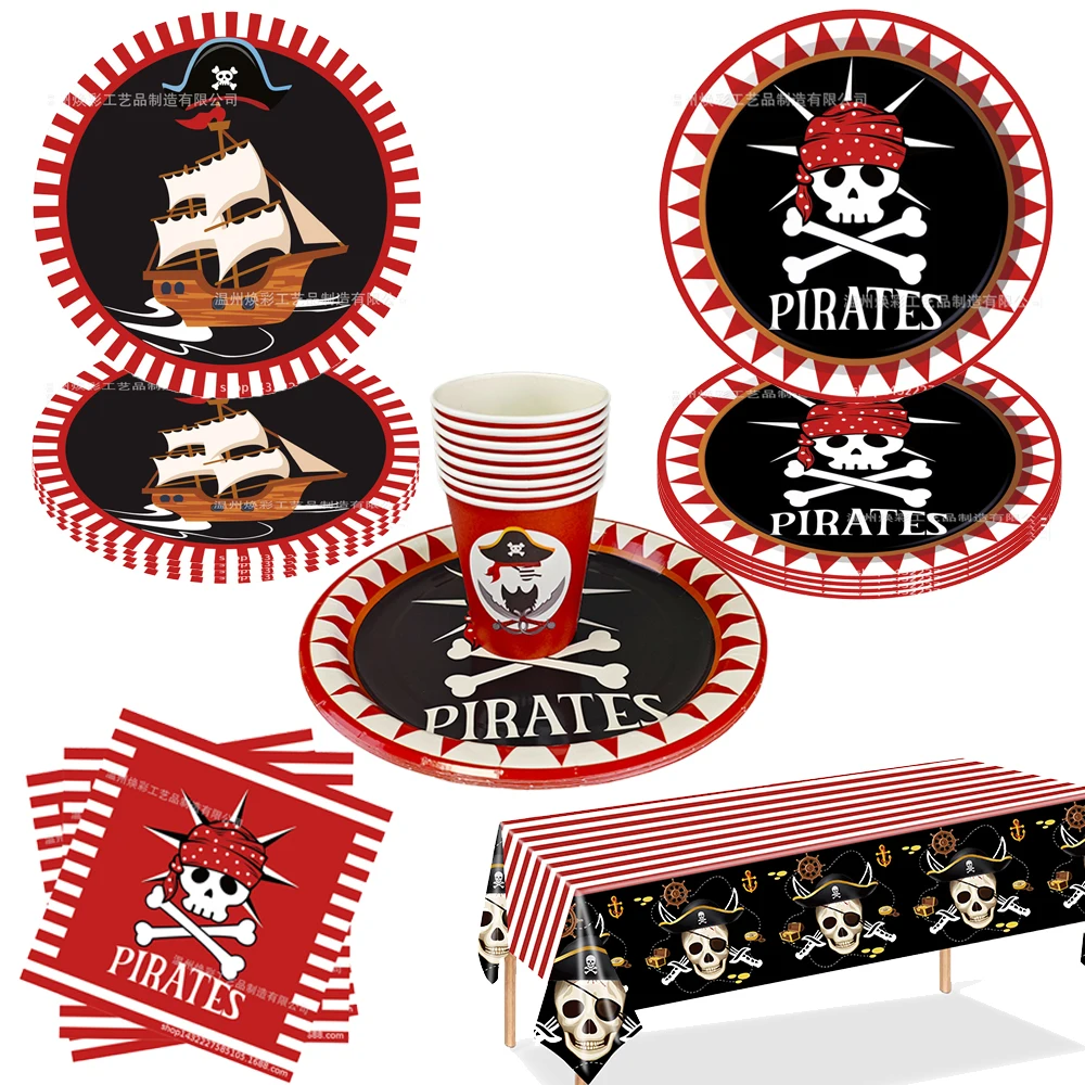 Jednorazowa zastawa stołowa z motywem pirata Czerwony Czarny Papierowy talerz Kubek Serwetka Chłopiec Cosplay Poszukiwanie skarbów Motyw Urodziny Party Decor Supplies