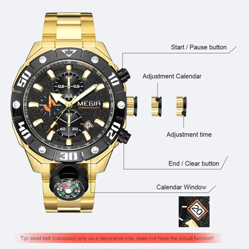 MEGIR 2219 Luxury Fashion Steel Strip Men's Watch Quartz Waterproof Luminous Chronograph Calendar Watches for Men Reloj Hombre