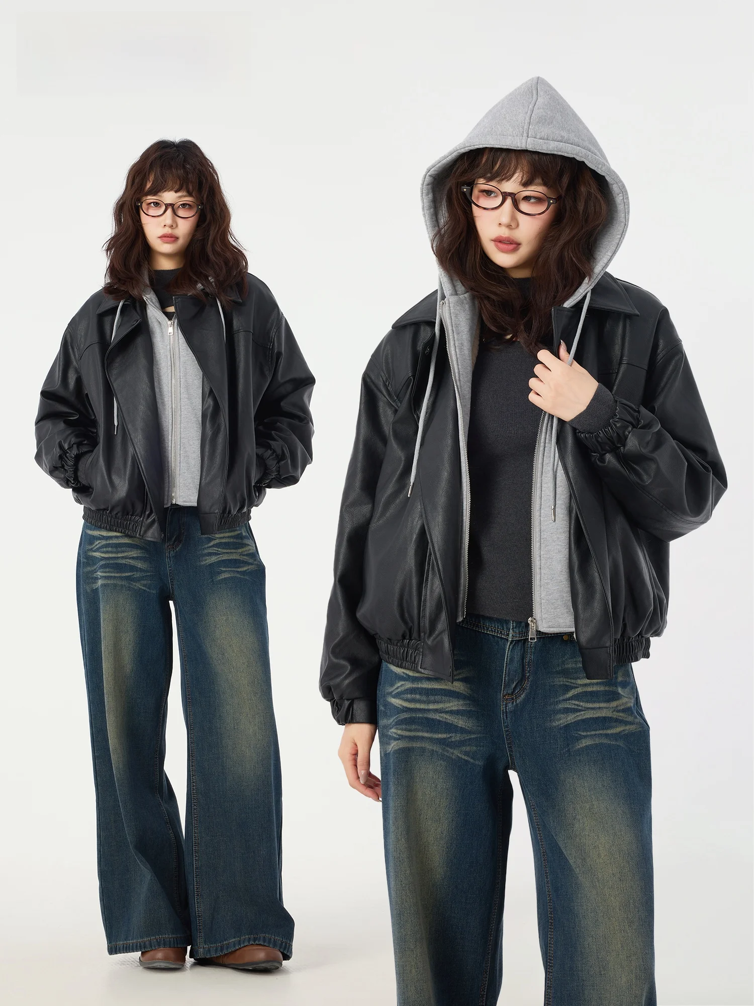 Didimax inverno novo bla fce forrado couro do plutônio jaet com capuz emenda rua sle longo sve casaco com zíper para senhoras