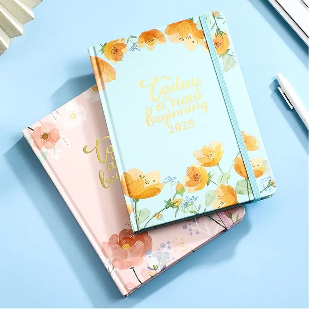 A5 2025 Planner Notebooks Thick Paper Cardboard Cover English Notebook Elastic Band Design 160 Pages Datebook Daily Planner