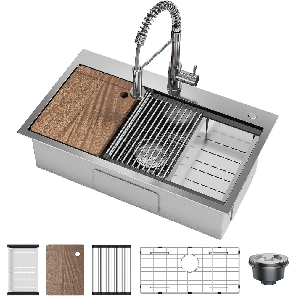 

GarveeHome Kitchen Sink, 30 in x 18 in x 9 in Drop-In Stainless Steel Single Bowl Sink with Accessories, Modern Top Mount Workst
