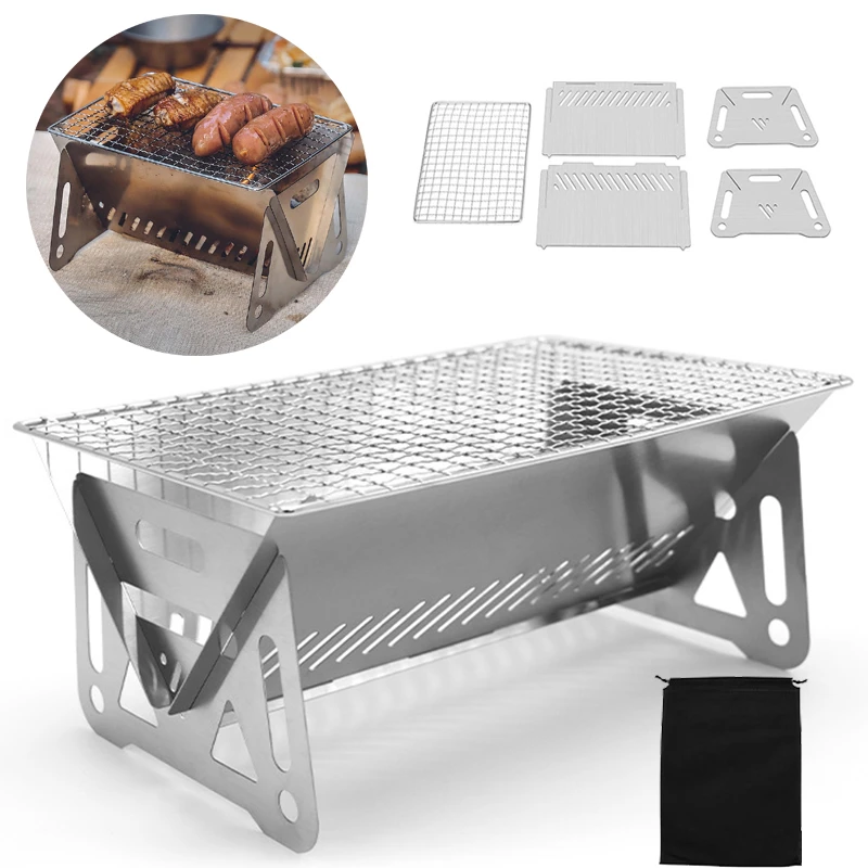 

Camping Wood Burning Stove with Grill Plate, Portable Folding Stainless Steel Barbeque Cooking Stove, Storage Bag