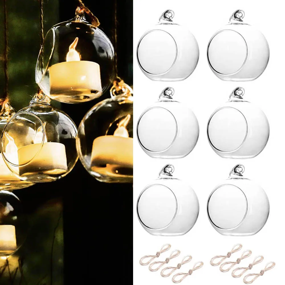 6/12 Pcs Hanging Tealight Candle Hoder Glass Globes Wedding Party Tree Decoration, Globe Ornament for Air Plant